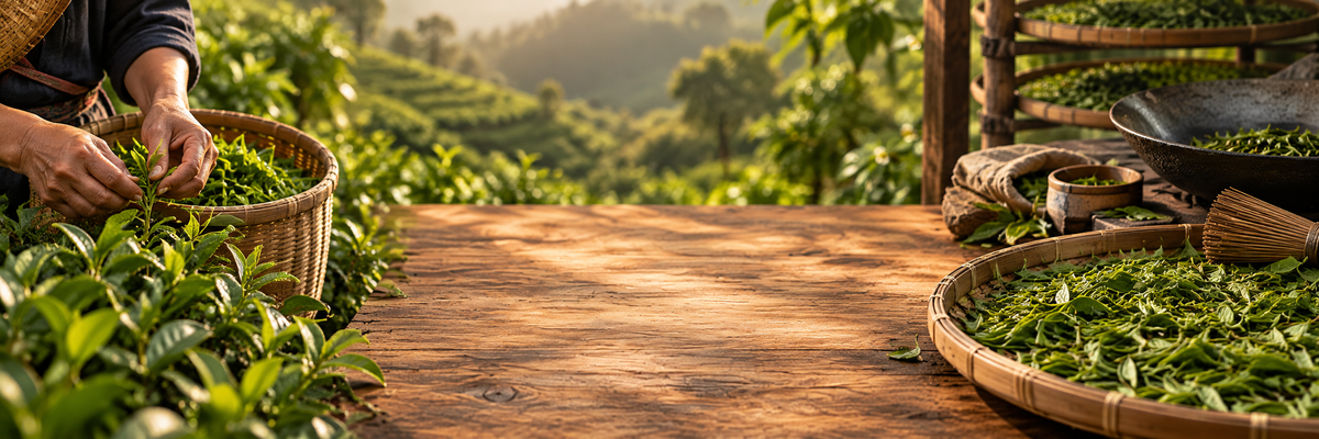 A Japanese tea maker checking the withering of the tea leaves. Seasonal tea leaves image